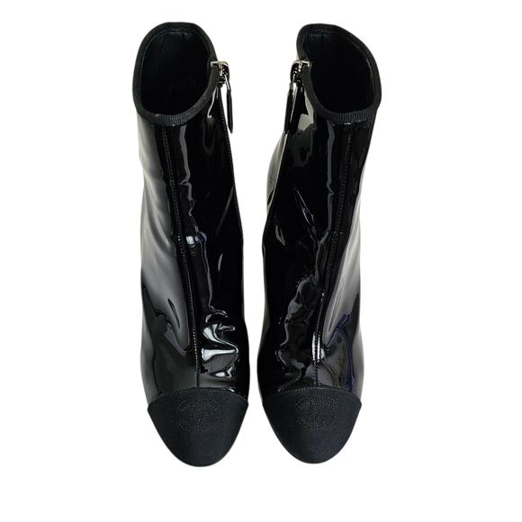 Chanel CC Cap Toe Logo Ankle Heel Boot Size 37.5 US 6.5 7 Black Patent Leather - Picture 4 of 14